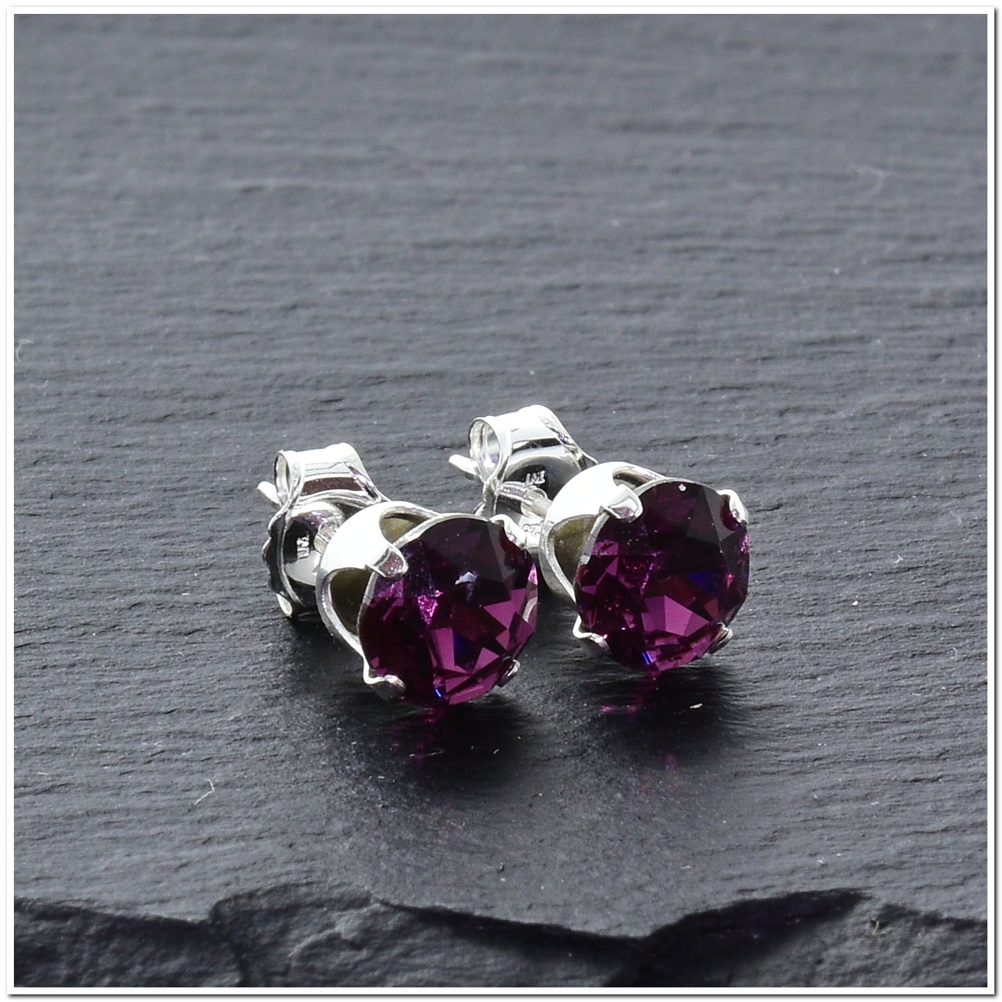 pewterhooter® Women's Classic Collection 925 Sterling silver earrings with sparkling Amethyst crystals, packaged in a gift box for any occasion.