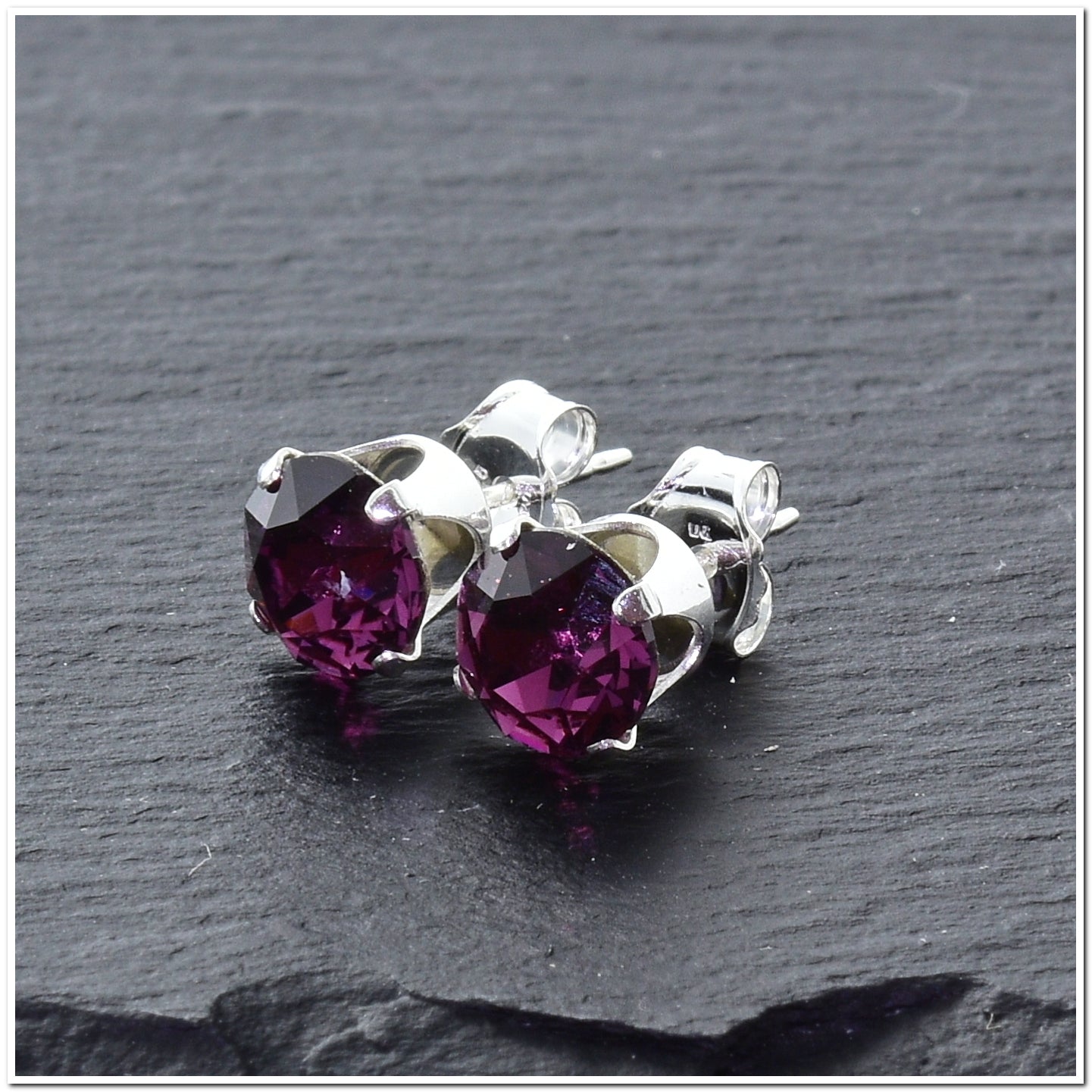 pewterhooter® Women's Classic Collection 925 Sterling silver earrings with sparkling Amethyst crystals, packaged in a gift box for any occasion.