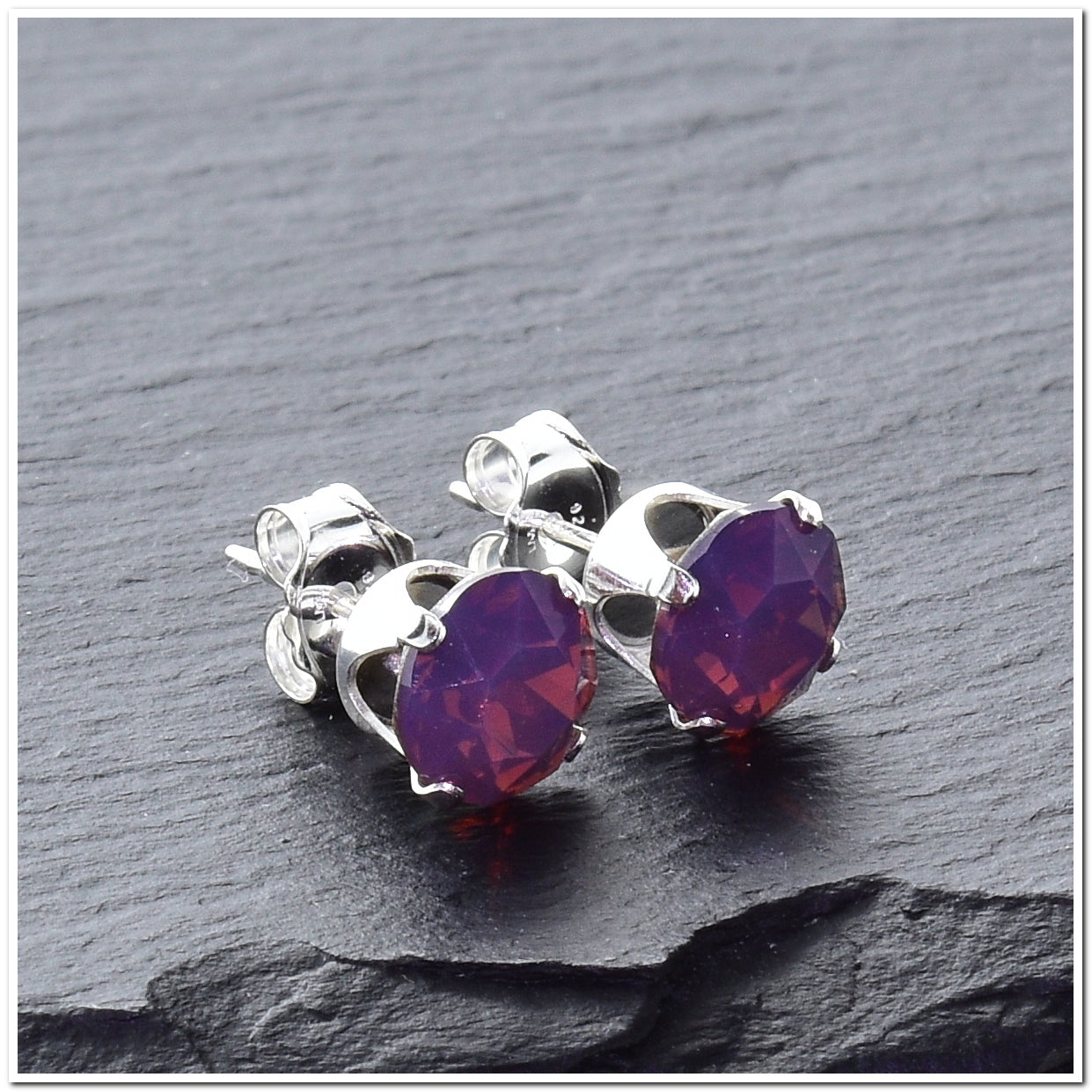 pewterhooter® Women's Classic Collection 925 Sterling silver earrings with sparkling Cyclamen Opal crystals, packaged in a gift box for any occasion.