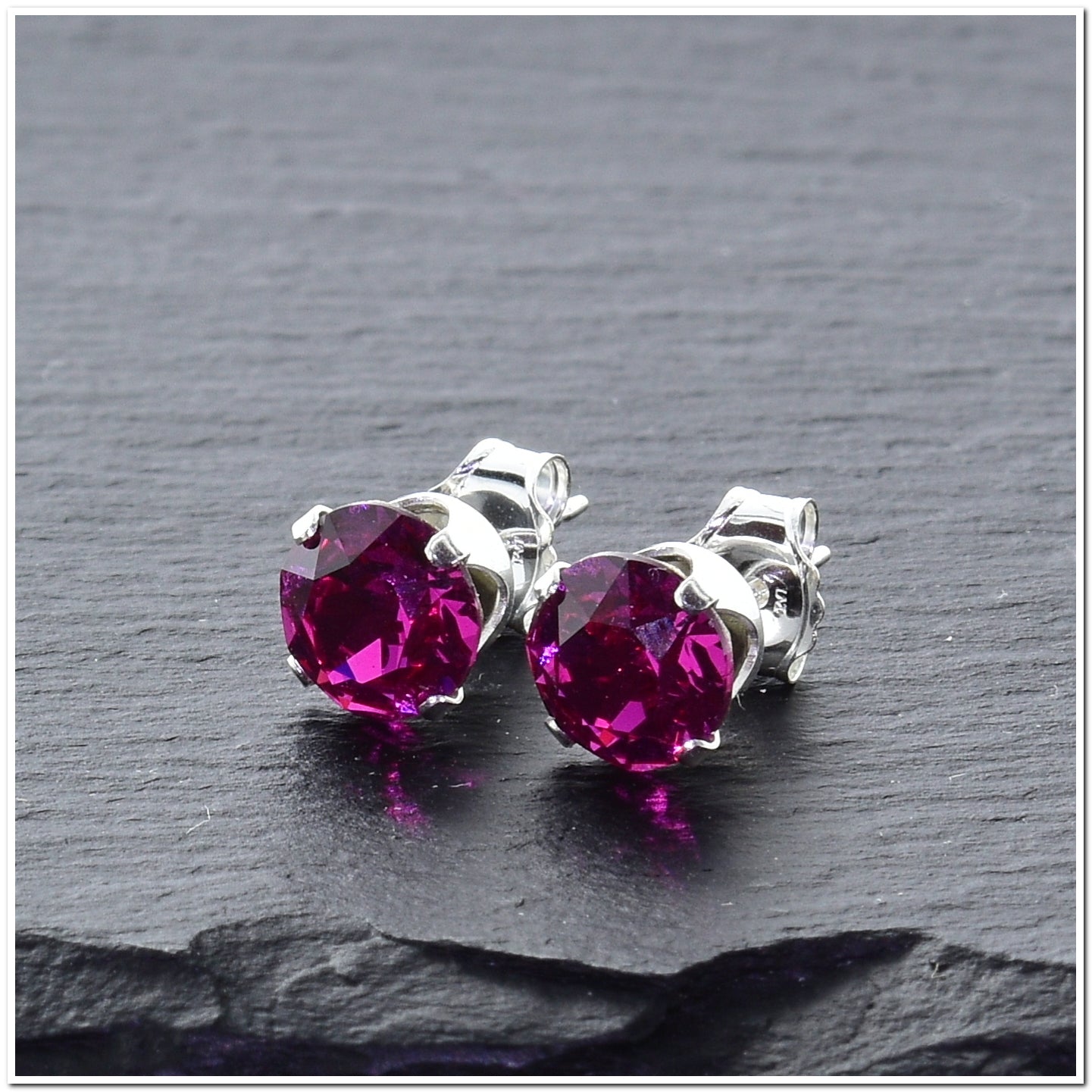 pewterhooter® Women's Classic Collection 925 Sterling silver earrings with sparkling Fuchsia crystals, packaged in a gift box for any occasion.