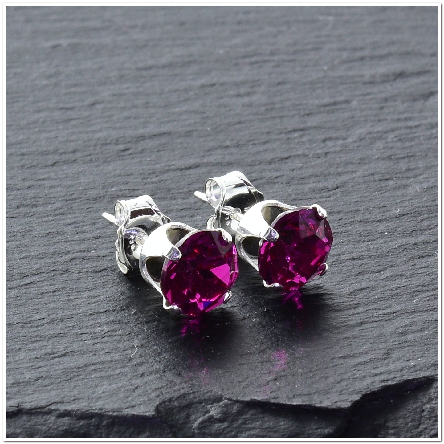 pewterhooter® Women's Classic Collection 925 Sterling silver earrings with sparkling Fuchsia crystals, packaged in a gift box for any occasion.