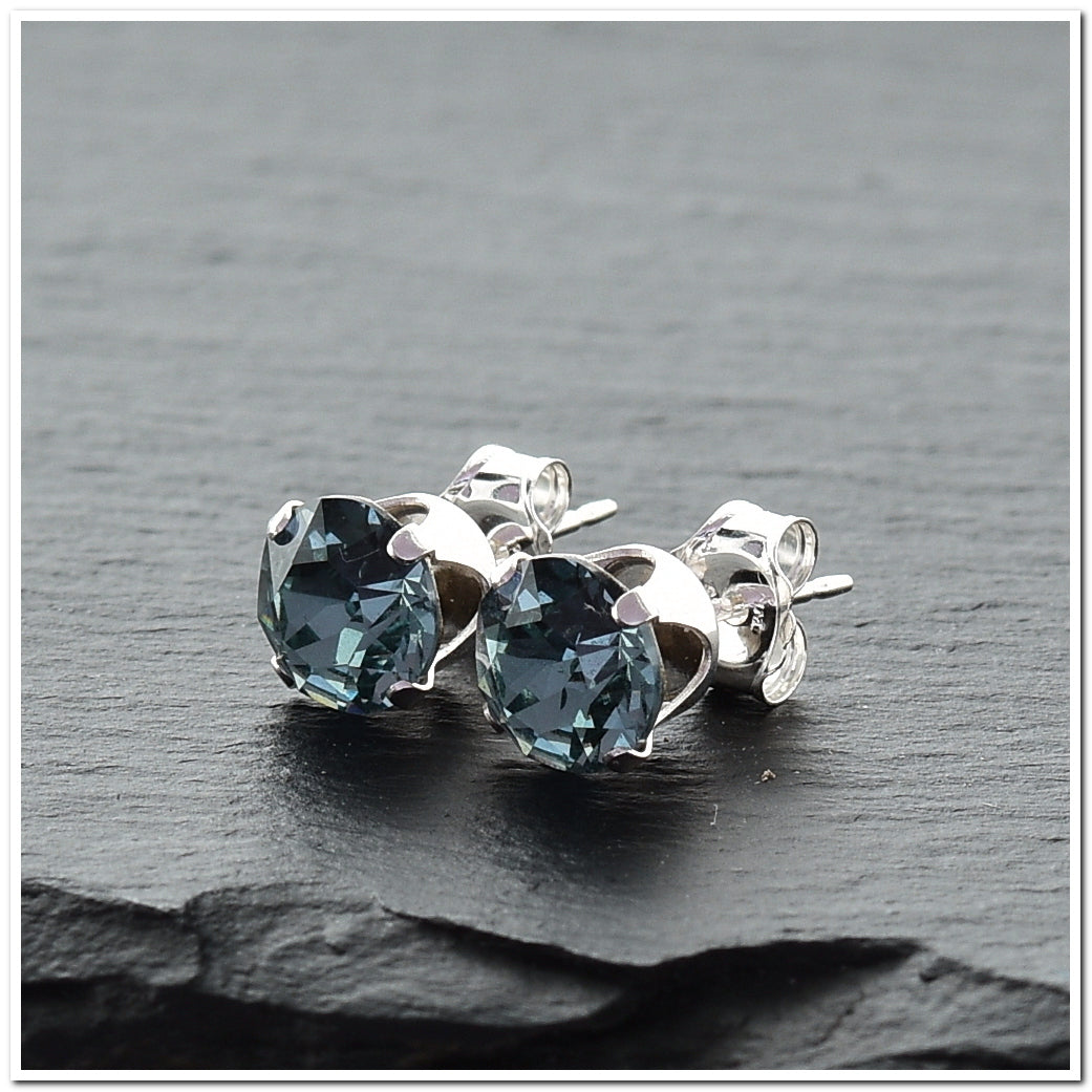 pewterhooter® Women's Classic Collection 925 Sterling silver earrings with sparkling Indian Sapphire crystals, packaged in a gift box for any occasion.