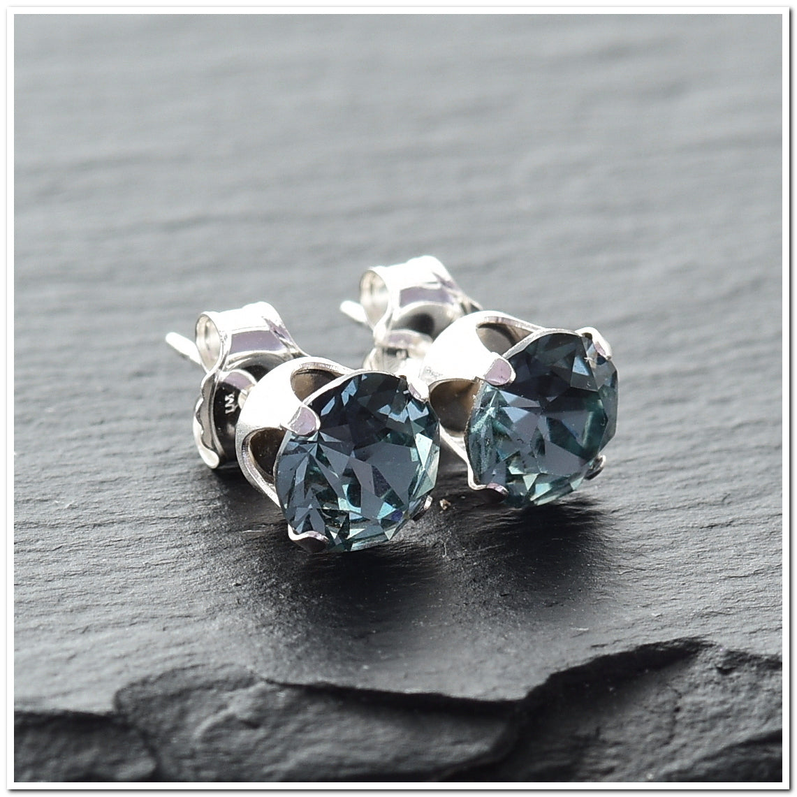 pewterhooter® Women's Classic Collection 925 Sterling silver earrings with sparkling Indian Sapphire crystals, packaged in a gift box for any occasion.