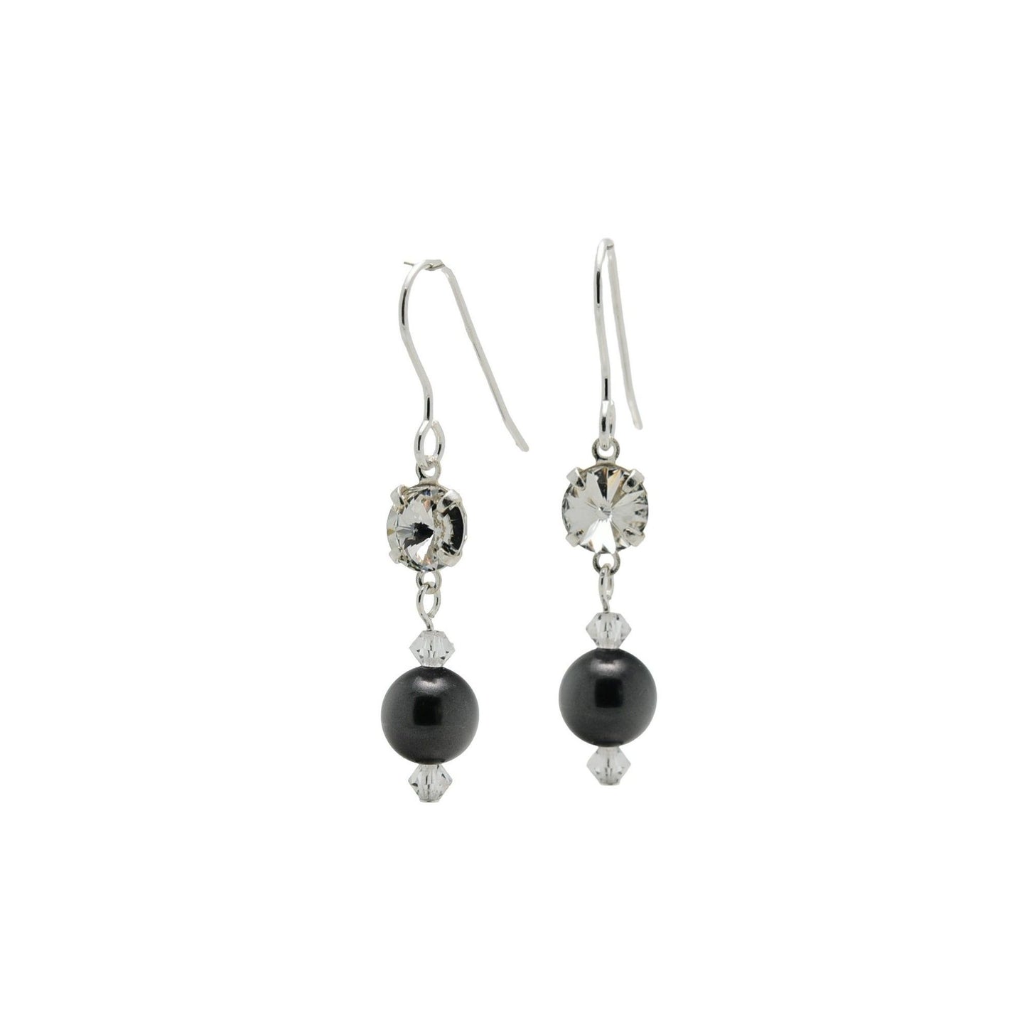 pewterhooter® Women’s 925 Sterling Silver Drop Earrings with Vintage Austrian Diamond White Crystals and Black Crystal Pearls – Presented in a Branded Gift Box