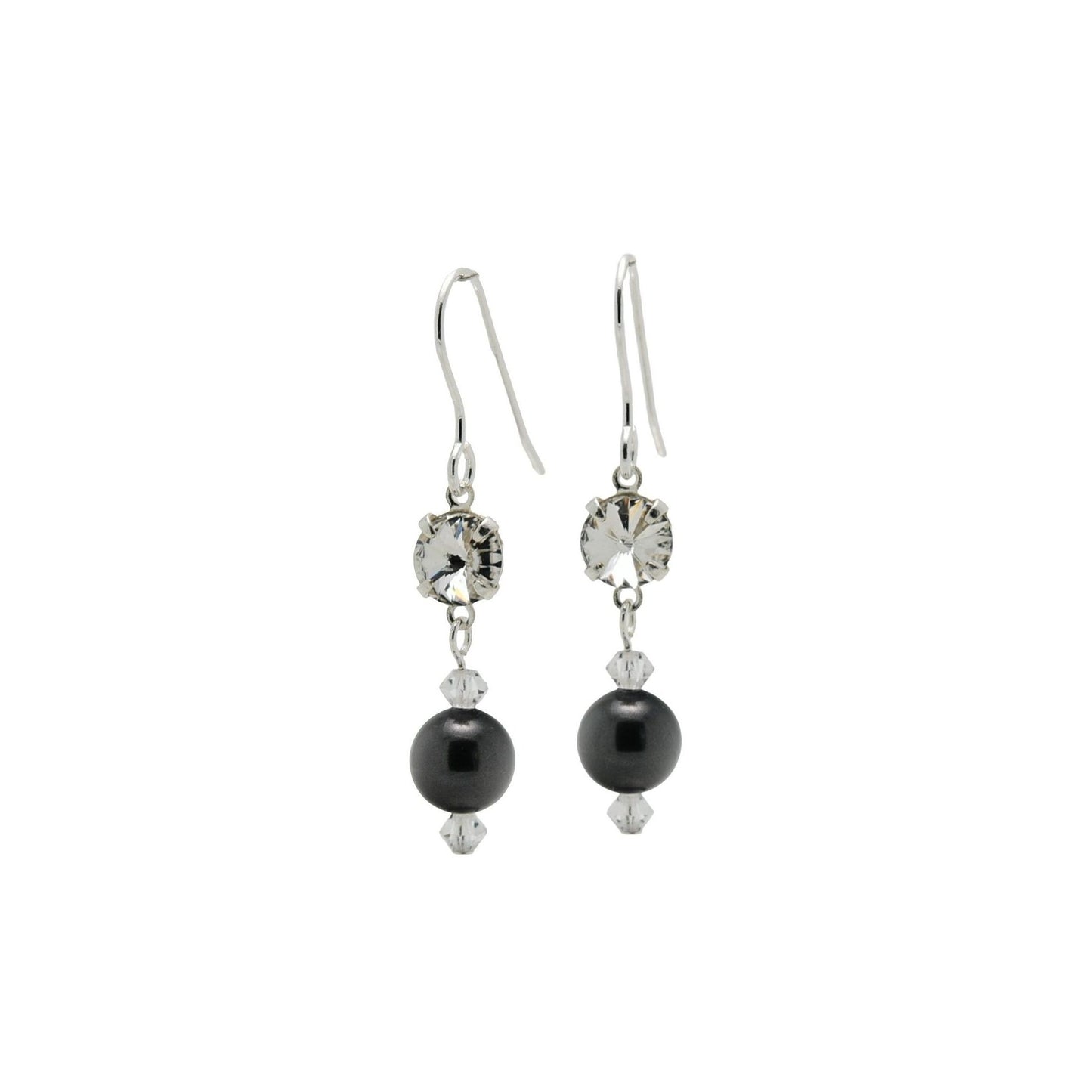 pewterhooter® Women’s 925 Sterling Silver Drop Earrings with Vintage Austrian Diamond White Crystals and Black Crystal Pearls – Presented in a Branded Gift Box