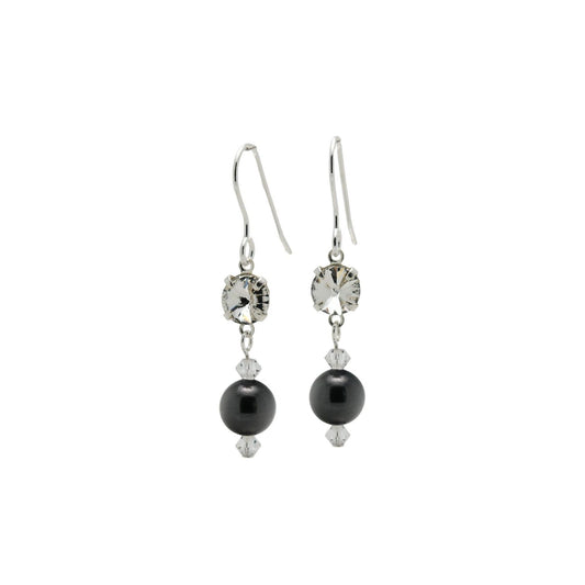 pewterhooter® Women’s 925 Sterling Silver Drop Earrings with Vintage Austrian Diamond White Crystals and Black Crystal Pearls – Presented in a Branded Gift Box