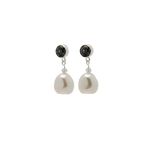 pewterhooter® Women’s 925 Sterling Silver Stud Earrings with Vintage Austrian Black Patina Crystals and White Crystal Pearls – Presented in a Branded Gift Box