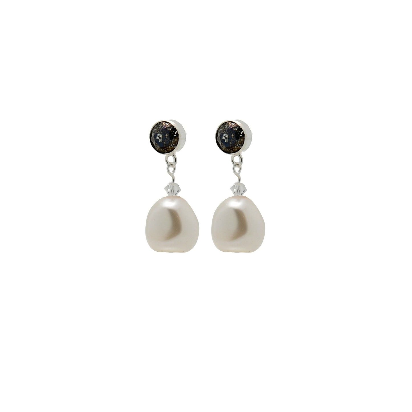 pewterhooter® Women’s 925 Sterling Silver Stud Earrings with Vintage Austrian Black Patina Crystals and White Crystal Pearls – Presented in a Branded Gift Box