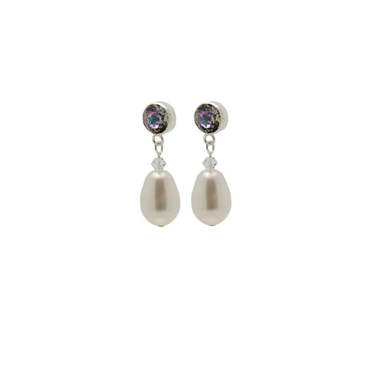 pewterhooter® Women’s 925 Sterling Silver Stud Earrings with Vintage Austrian Manhattan Sunset Crystals and White Crystal Pearls – Presented in a Branded Gift Box