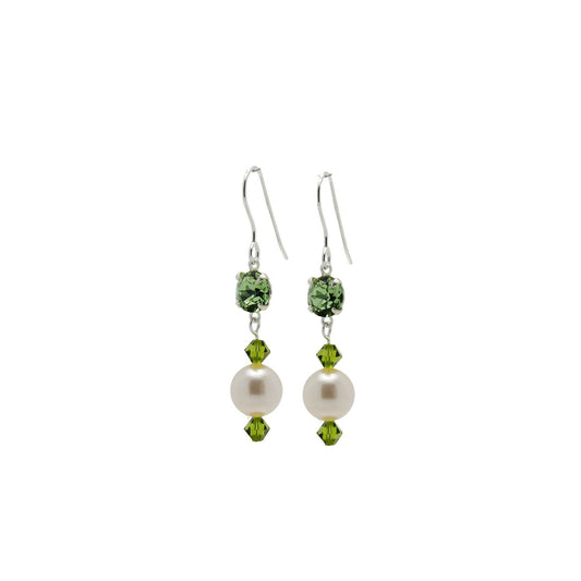 pewterhooter® Women’s 925 Sterling Silver Drop Earrings with Vintage Austrian Peridot Green Crystals and White Crystal Pearls – Presented in a Branded Gift Box