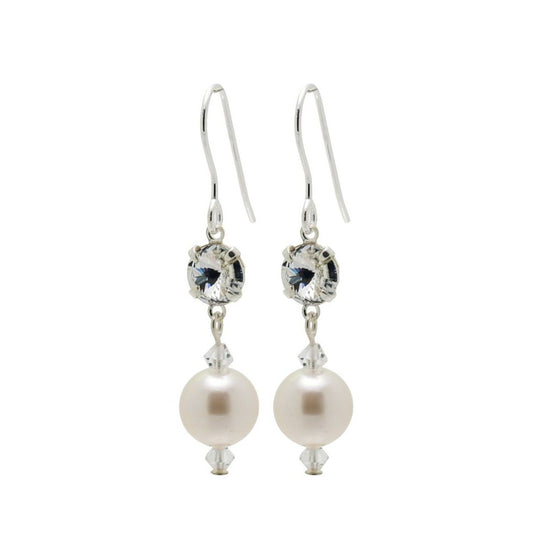 pewterhooter® Women’s 925 Sterling Silver Drop Earrings with Vintage Austrian Diamond White Crystals and White Crystal Pearls – Presented in a Branded Gift Box
