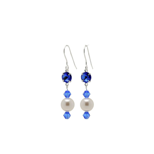 pewterhooter® Women’s 925 Sterling Silver Drop Earrings with Vintage Sapphire Blue Crystals and White Crystal Pearls – Presented in a Branded Gift Box