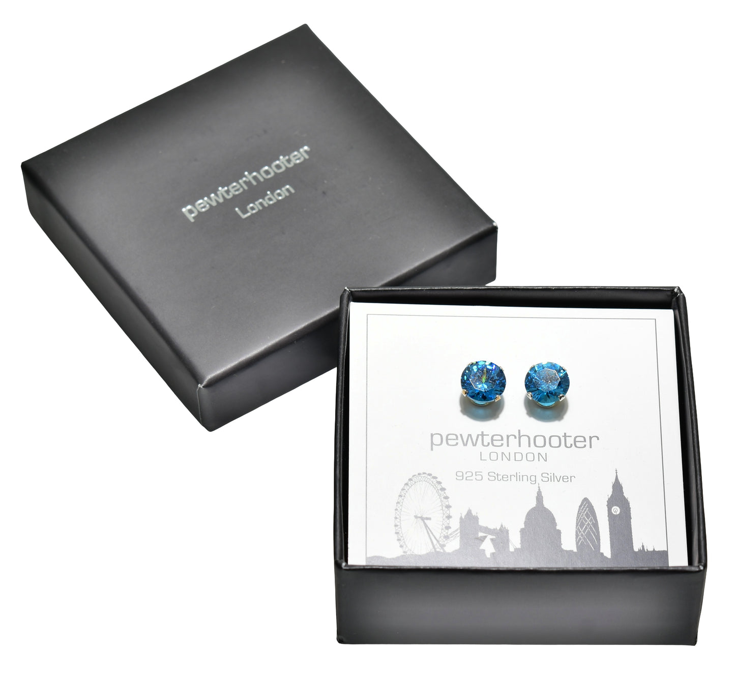 pewterhooter® Women’s 925 Sterling Silver Stud Earrings with Sparkling Swiss Blue Crystal - Presented in a Gift Box.
