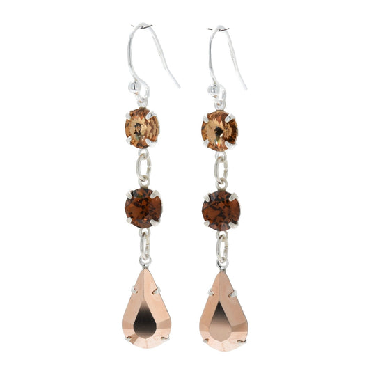 pewterhooter® Women’s 925 Sterling Silver Drop Earrings with Vintage Rose Gold, Smoked Topaz, and Golden Shadow Austrian Crystals - Presented in a Branded gift box.