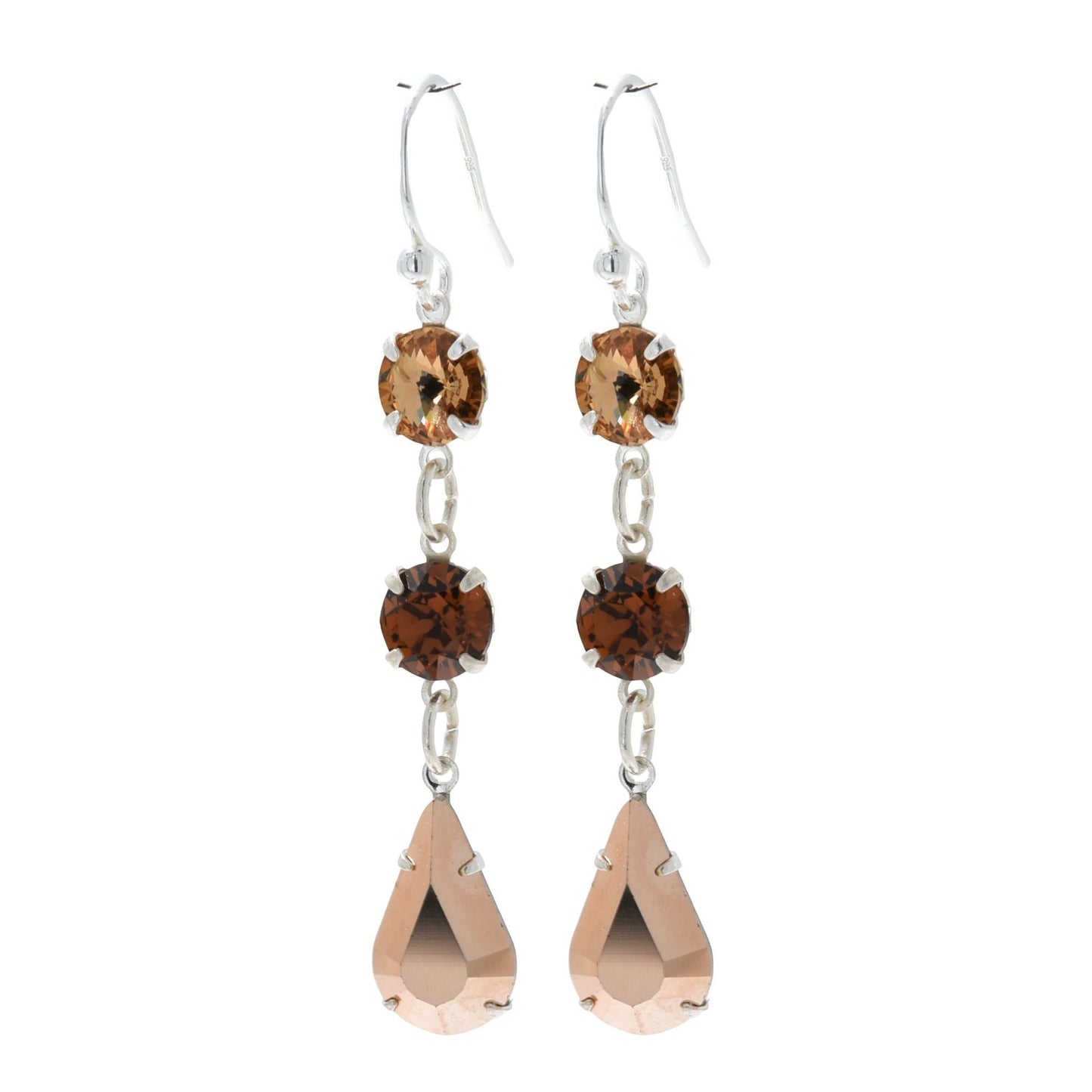 pewterhooter® Women’s 925 Sterling Silver Drop Earrings with Vintage Rose Gold, Smoked Topaz, and Golden Shadow Austrian Crystals - Presented in a Branded gift box.