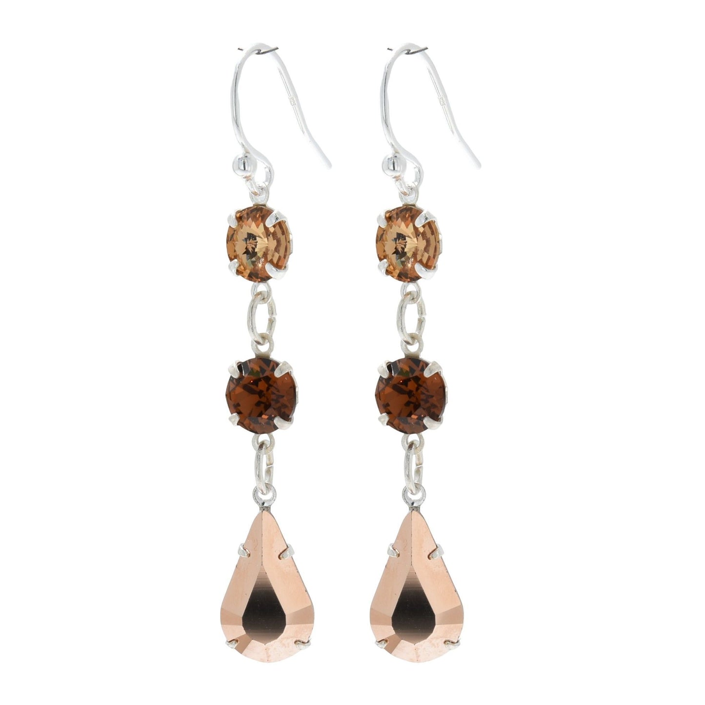 pewterhooter® Women’s 925 Sterling Silver Drop Earrings with Vintage Rose Gold, Smoked Topaz, and Golden Shadow Austrian Crystals - Presented in a Branded gift box.