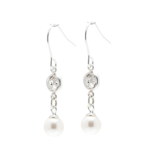 pewterhooter® Women’s 925 Sterling Silver Drop Earrings with Vintage Austrian Diamond White Crystals - White Crystal Pearls.
