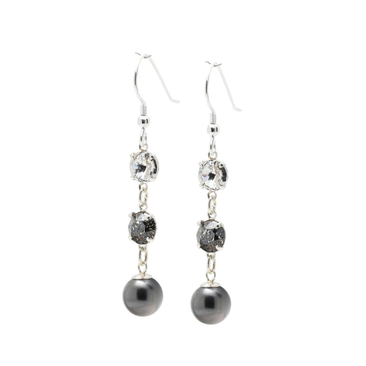 pewterhooter® Women’s 925 Sterling Silver Drop Earrings with Vintage Austrian Diamond White, Black Patina Crystals - Black Crystal Pearls