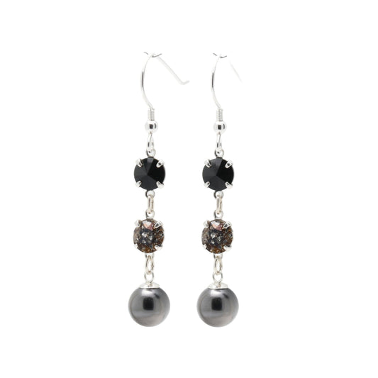 pewterhooter® Women’s 925 Sterling Silver Drop Earrings with Vintage Austrian Black, and Black Patina Crystals - Black Crystal Pearls.