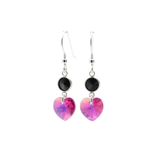 pewterhooter® Women’s 925 Sterling Silver Drop Earrings with Vintage Austrian Black Crystals and Fuchsia Hearts – Presented in a Branded Gift Box