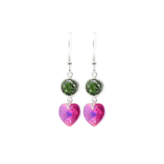 pewterhooter® Women’s 925 Sterling Silver Drop Earrings with Vintage Austrian Peridot Green Crystals and Fuchsia Hearts – Presented in a Branded Gift Box