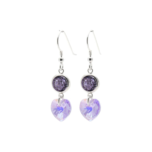 pewterhooter® Women’s 925 Sterling Silver Drop Earrings with Vintage Austrian Violet Crystals and Lavender Hearts – Presented in a Branded Gift Box