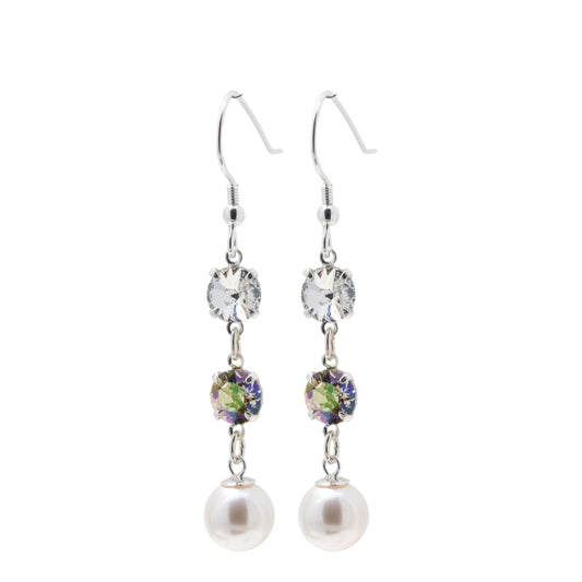 pewterhooter® Women’s 925 Sterling Silver Drop Earrings with Vintage Austrian Diamond White, Luminous Green Crystals - White Crystal Pearls