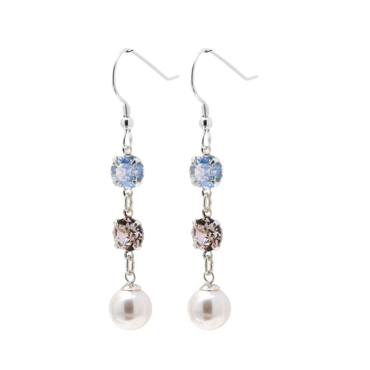 pewterhooter® Women’s 925 Sterling Silver Drop Earrings with Vintage Austrian Moonlight, and Silk Crystals - White Crystal Pearls.