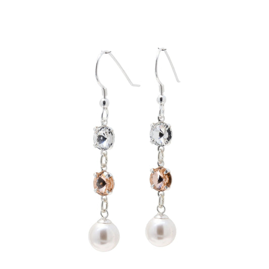 pewterhooter® Women’s 925 Sterling Silver Drop Earrings with Vintage Austrian Diamond White, and Peach Crystals - White Crystal Pearls