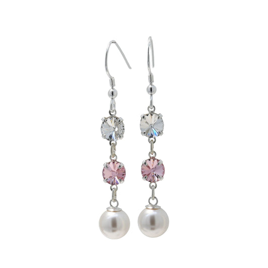 pewterhooter® Women’s 925 Sterling Silver Drop Earrings with Vintage Austrian Diamond White, and Light Rose Crystals - White Crystal Pearls.