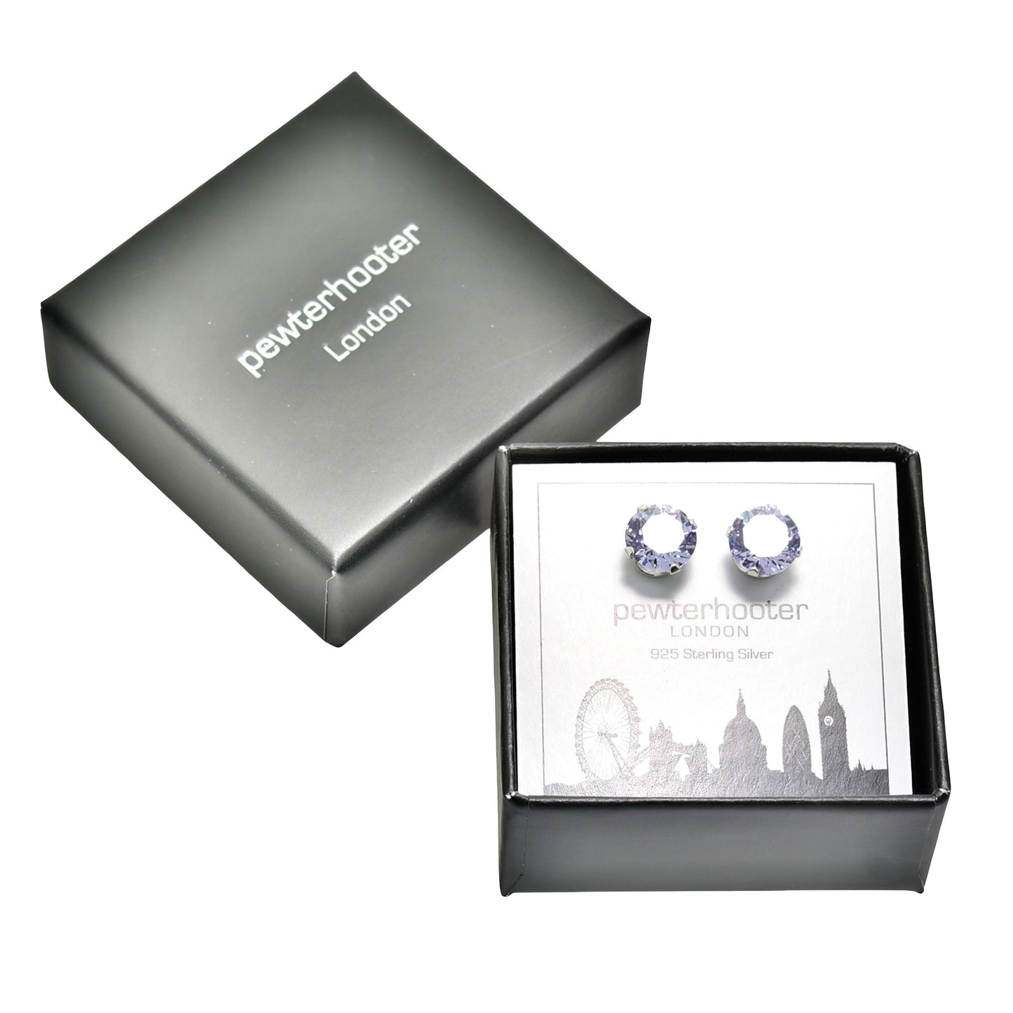 pewterhooter® Women’s 925 Sterling Silver Stud Earrings with Sparkling Lavender Crystal - Presented in a Gift Box