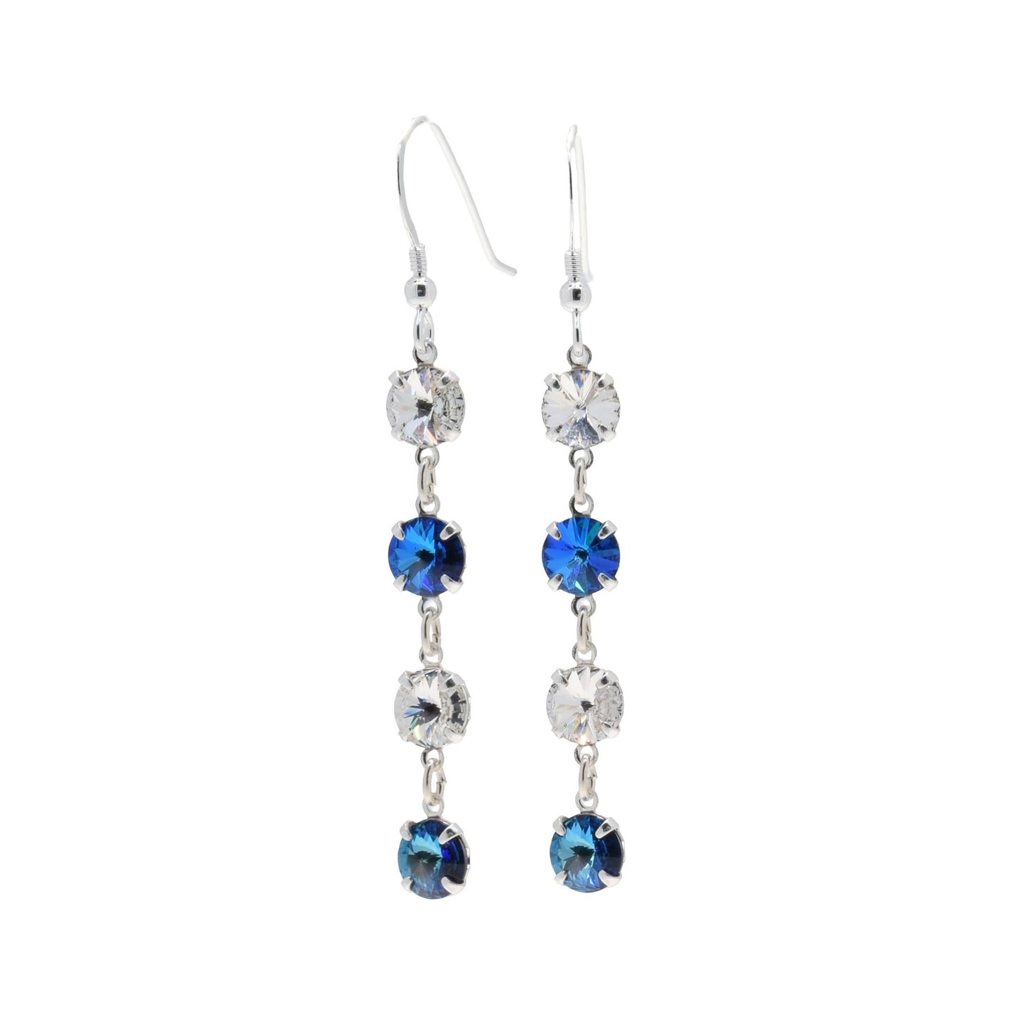 pewterhooter® Women’s 925 Sterling Silver Drop Earrings with Vintage Austrian Diamond White, and Bermuda Blue Crystals - Presented in a branded gift box