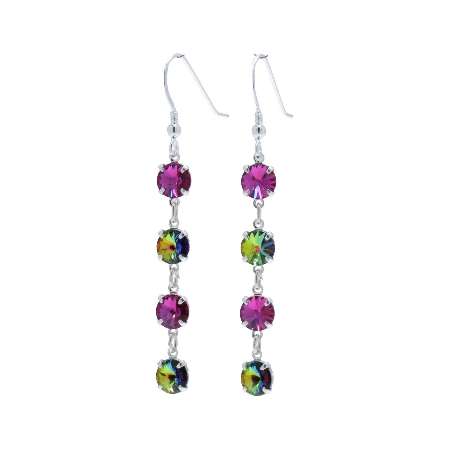 pewterhooter® Women’s 925 Sterling Silver Drop Earrings with Vintage Austrian Fuchsia, and Enchanted Forest Crystals - Presented in a branded gift box