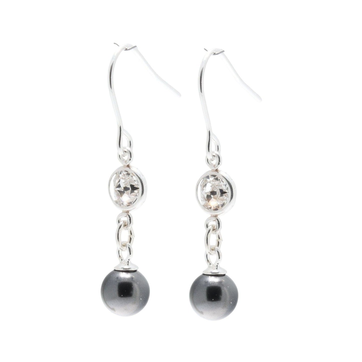 pewterhooter® Women’s 925 Sterling Silver Drop Earrings with Vintage Austrian Diamond White Crystals - Black Crystal Pearls.