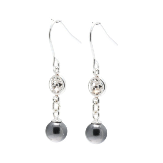 pewterhooter® Women’s 925 Sterling Silver Drop Earrings with Vintage Austrian Diamond White Crystals - Black Crystal Pearls.