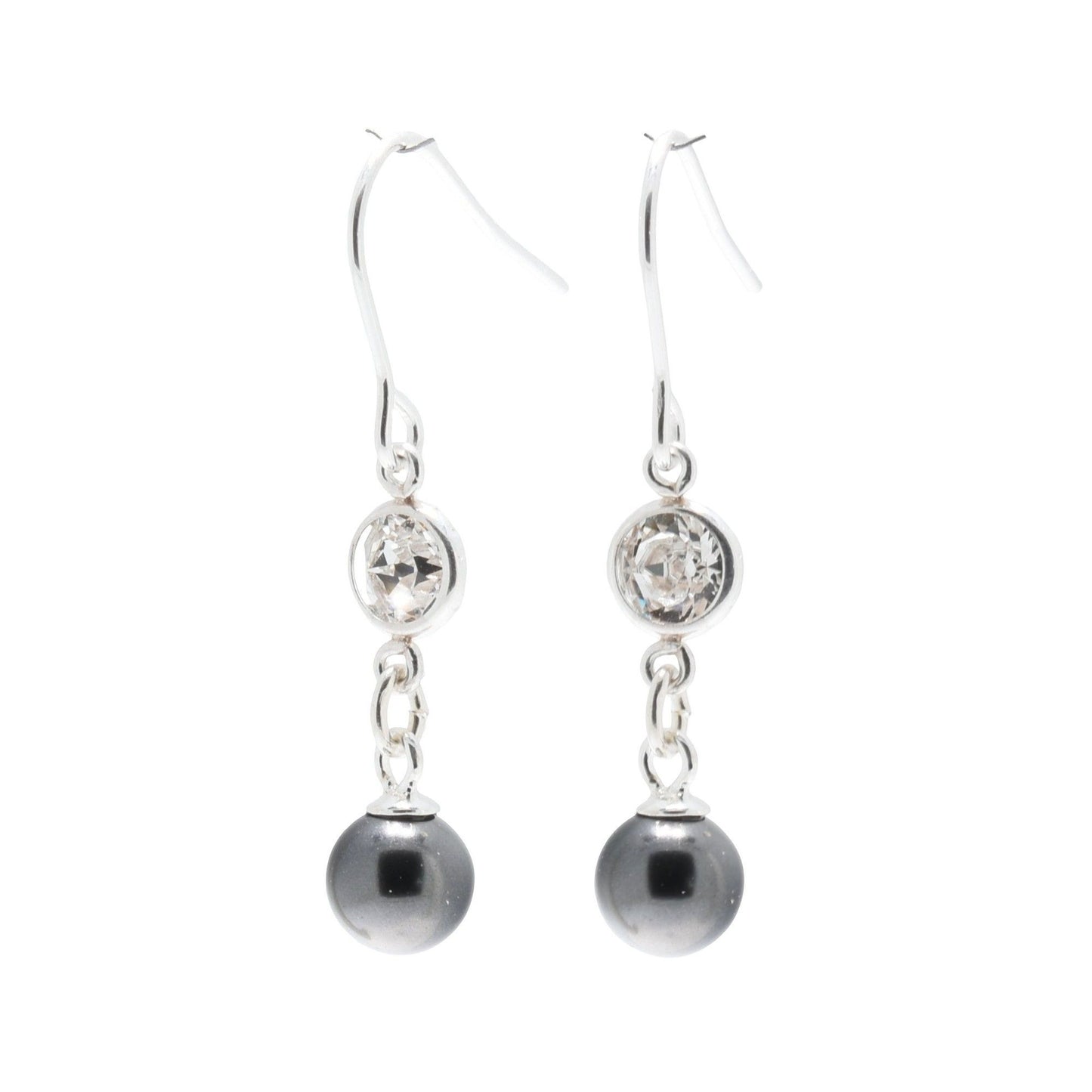 pewterhooter® Women’s 925 Sterling Silver Drop Earrings with Vintage Austrian Diamond White Crystals - Black Crystal Pearls.