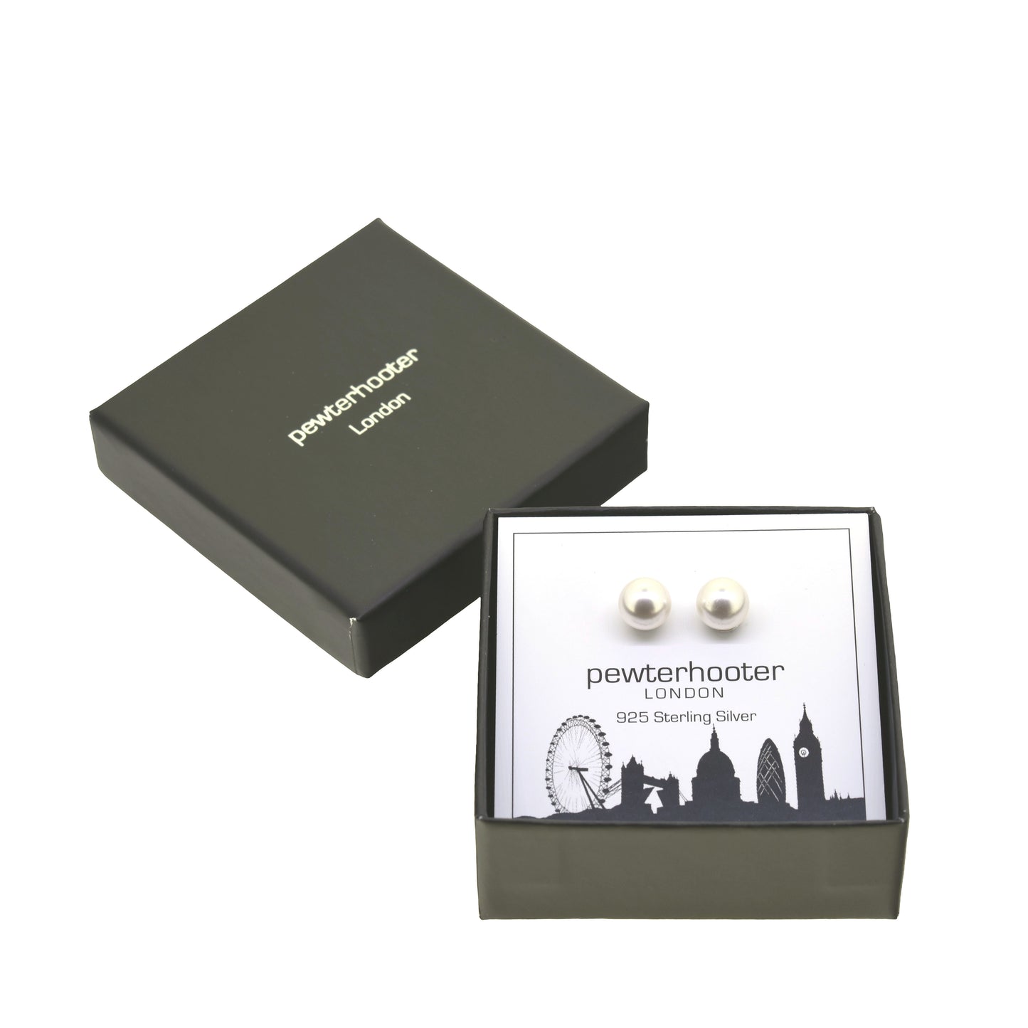pewterhooter® Women’s 925 Sterling Silver Stud Earrings with Vintage Austrian White Crystal Pearls - Presented in a Gift Box