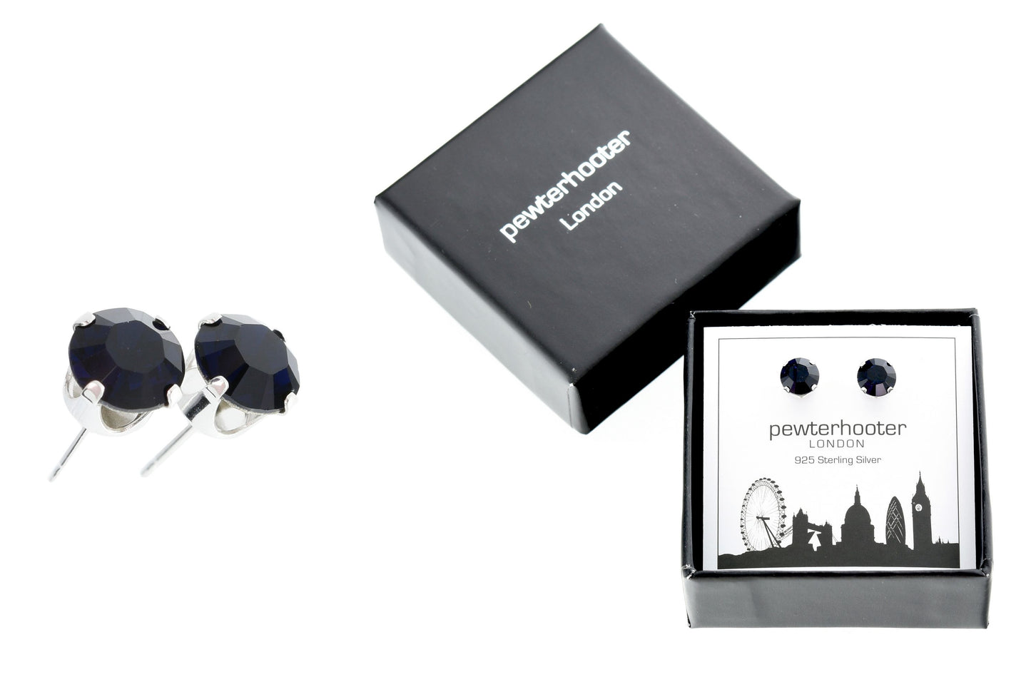 pewterhooter® Women's Classic Collection 925 Sterling silver earrings with sparkling Indigo Blue crystals, packaged in a gift box for any occasion.