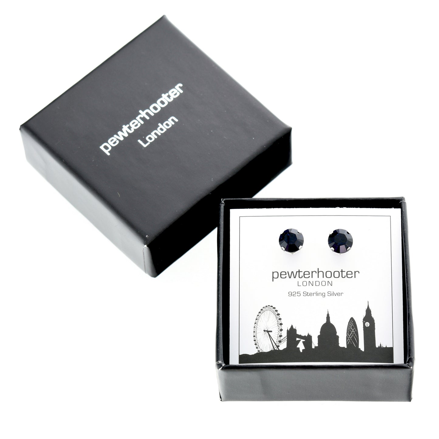 pewterhooter® Women's Classic Collection 925 Sterling silver earrings with sparkling Indigo Blue crystals, packaged in a gift box for any occasion.