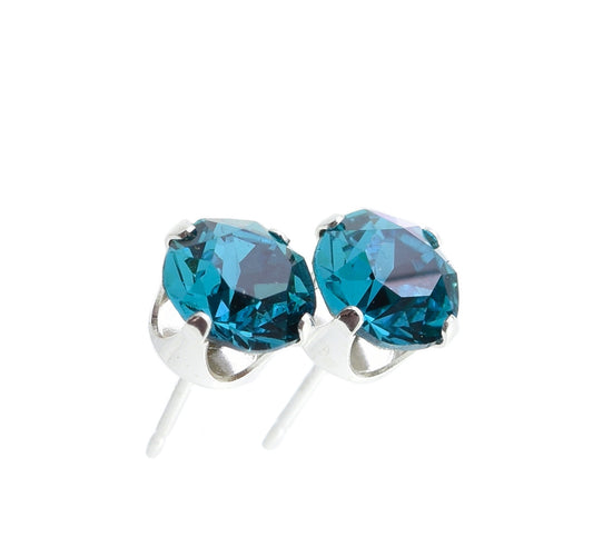 pewterhooter® Women's Classic Collection 925 Sterling silver earrings with sparkling Blue Zircon crystals, packaged in a gift box for any occasion.