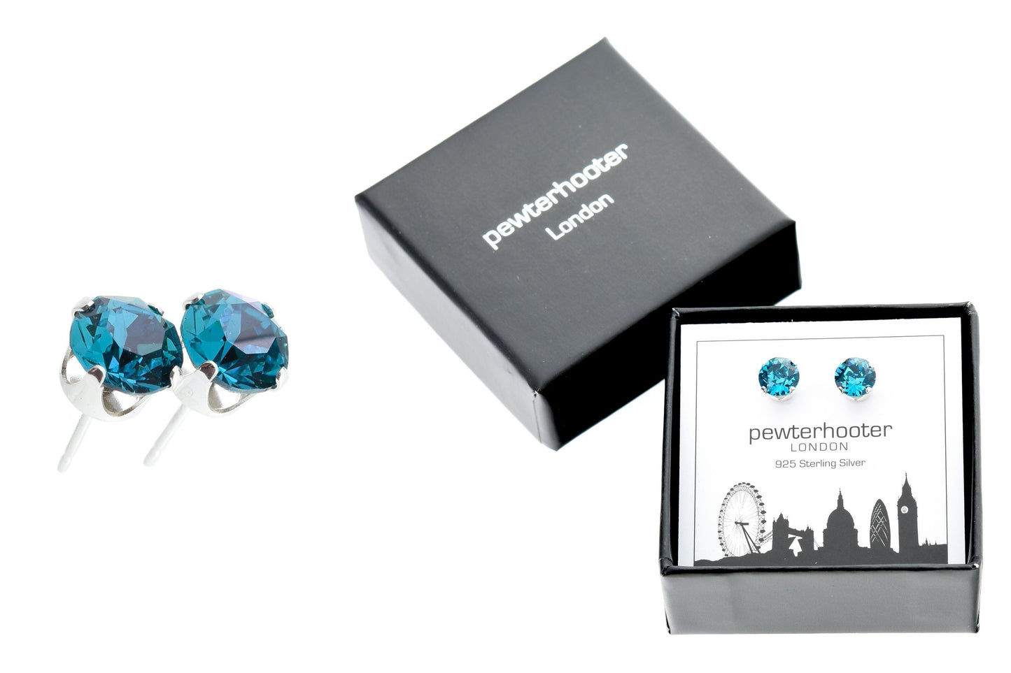 pewterhooter® Women's Classic Collection 925 Sterling silver earrings with sparkling Blue Zircon crystals, packaged in a gift box for any occasion.