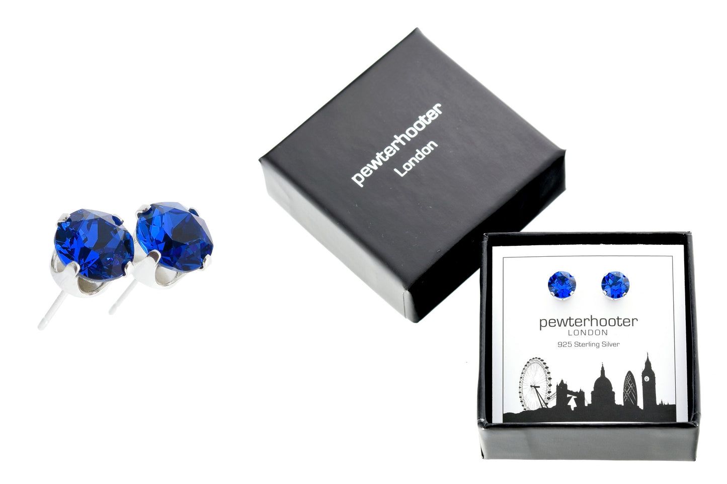 pewterhooter® Women's Classic Collection 925 Sterling silver earrings with sparkling Capri Blue crystals, packaged in a gift box for any occasion.