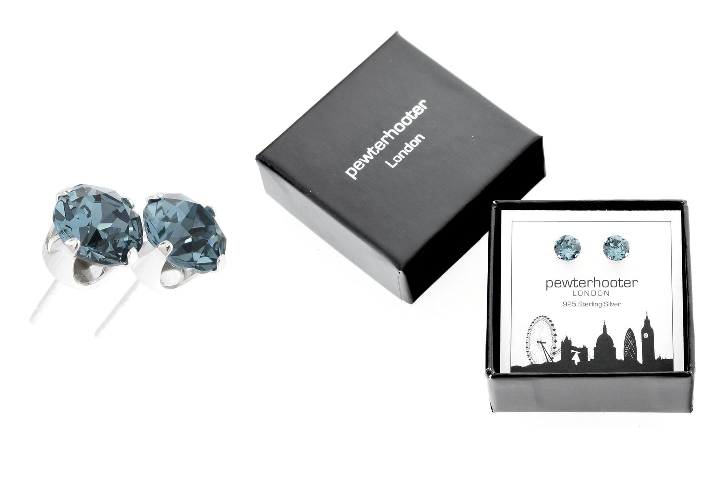 pewterhooter® Women's Classic Collection 925 Sterling silver earrings with sparkling Indian Sapphire crystals, packaged in a gift box for any occasion.