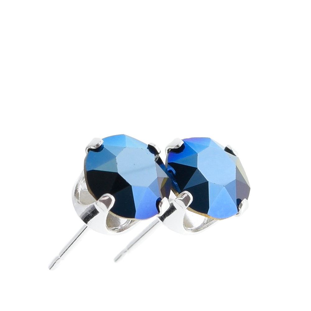 pewterhooter® Women's Classic Collection 925 Sterling silver earrings with sparkling Metallic Blue crystals, packaged in a gift box for any occasion.