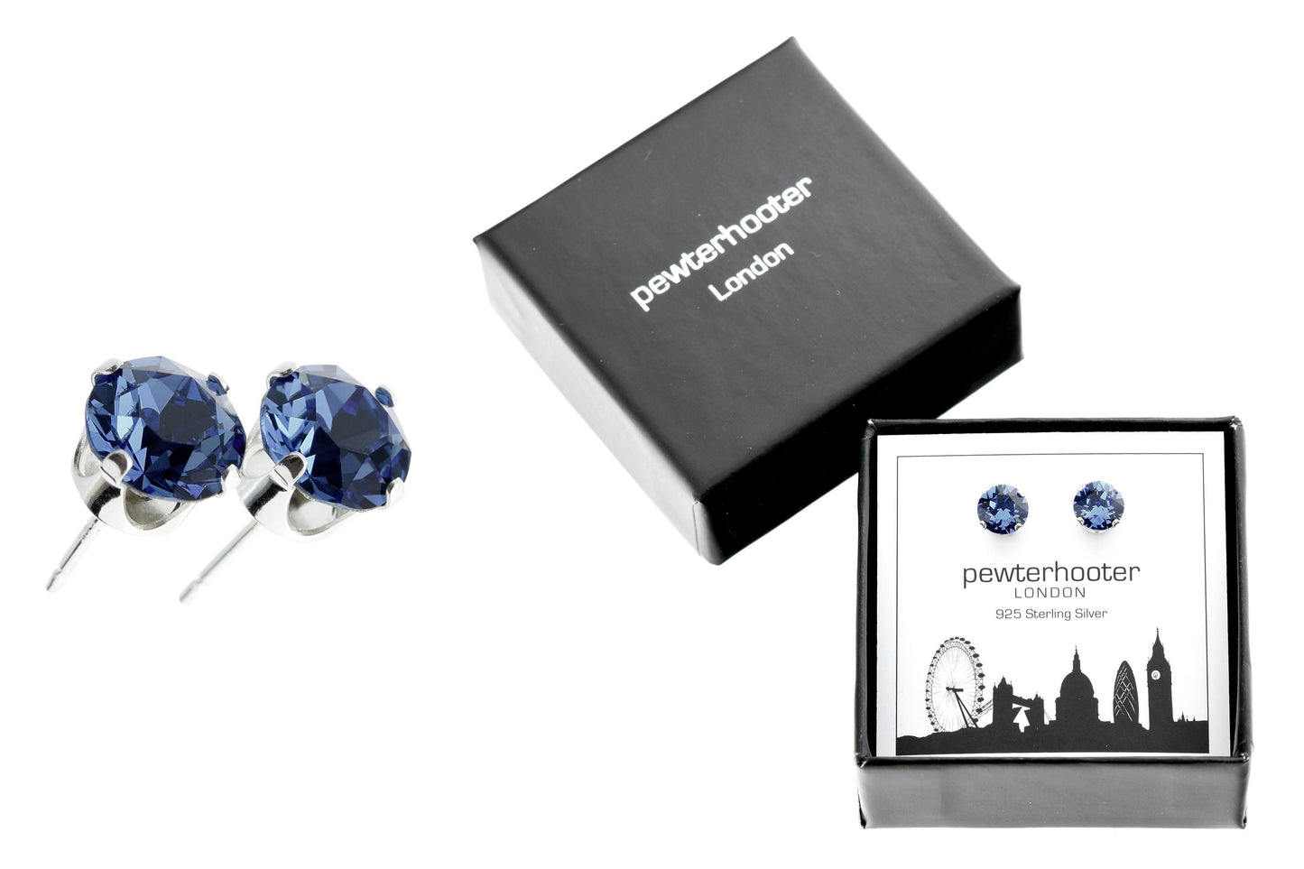 pewterhooter® Women's Classic Collection 925 Sterling silver earrings with sparkling Montana Blue crystals, packaged in a gift box for any occasion.