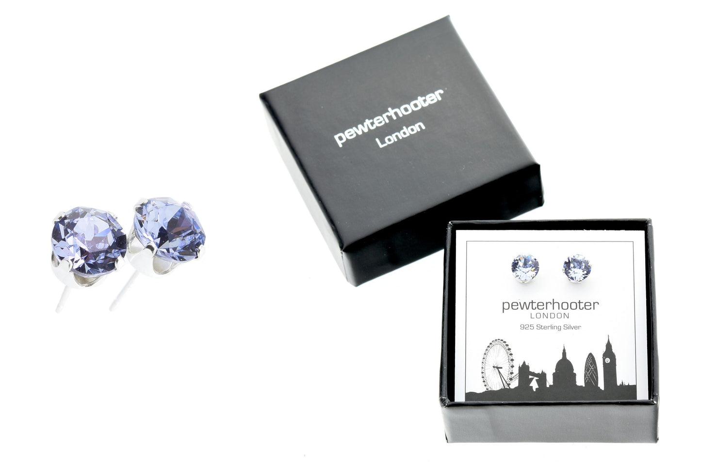 pewterhooter® Women's Classic Collection 925 Sterling silver earrings with sparkling Provence Lavender crystals, packaged in a gift box for any occasion.