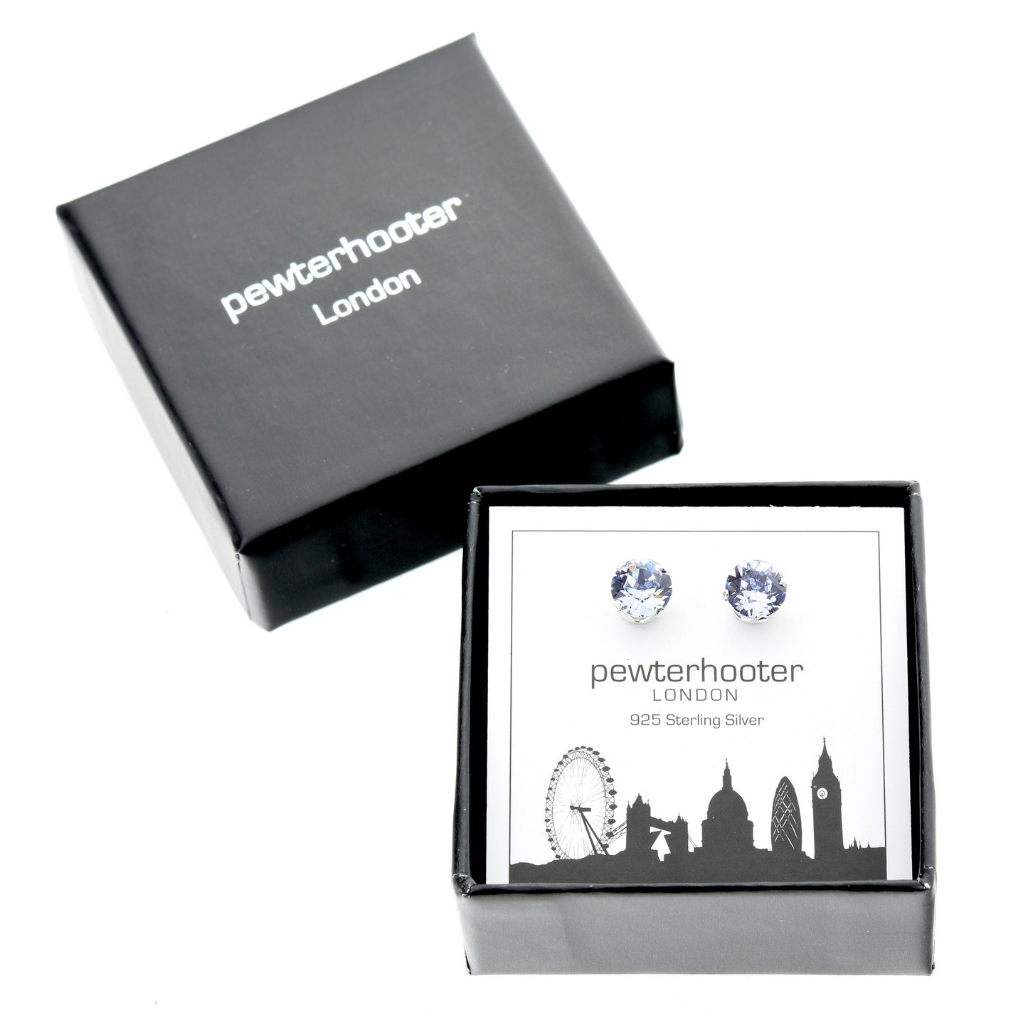 pewterhooter® Women's Classic Collection 925 Sterling silver earrings with sparkling Provence Lavender crystals, packaged in a gift box for any occasion.