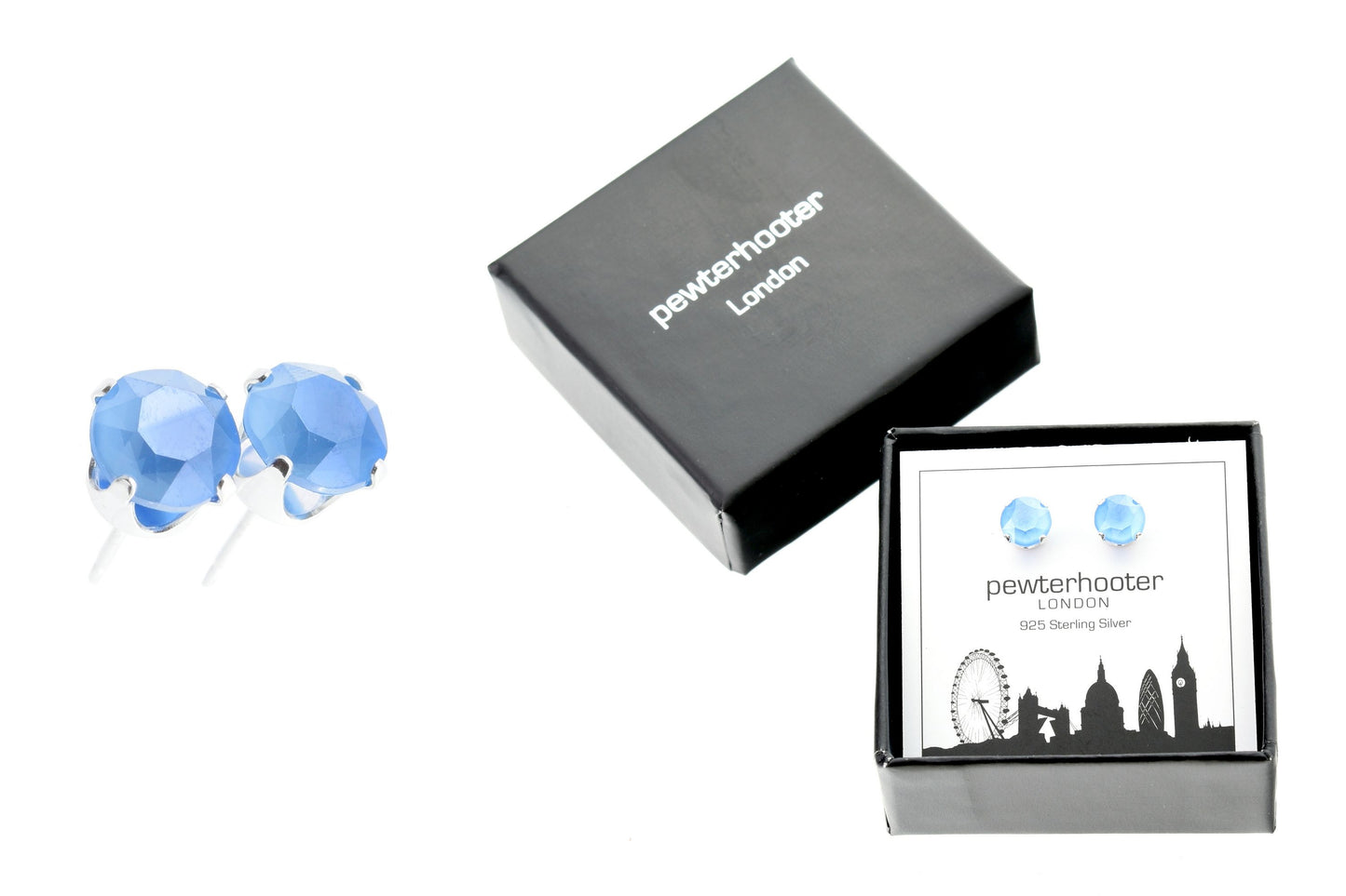 pewterhooter® Women's Classic Collection 925 Sterling silver earrings with sparkling Summer Blue crystals, packaged in a gift box for any occasion.