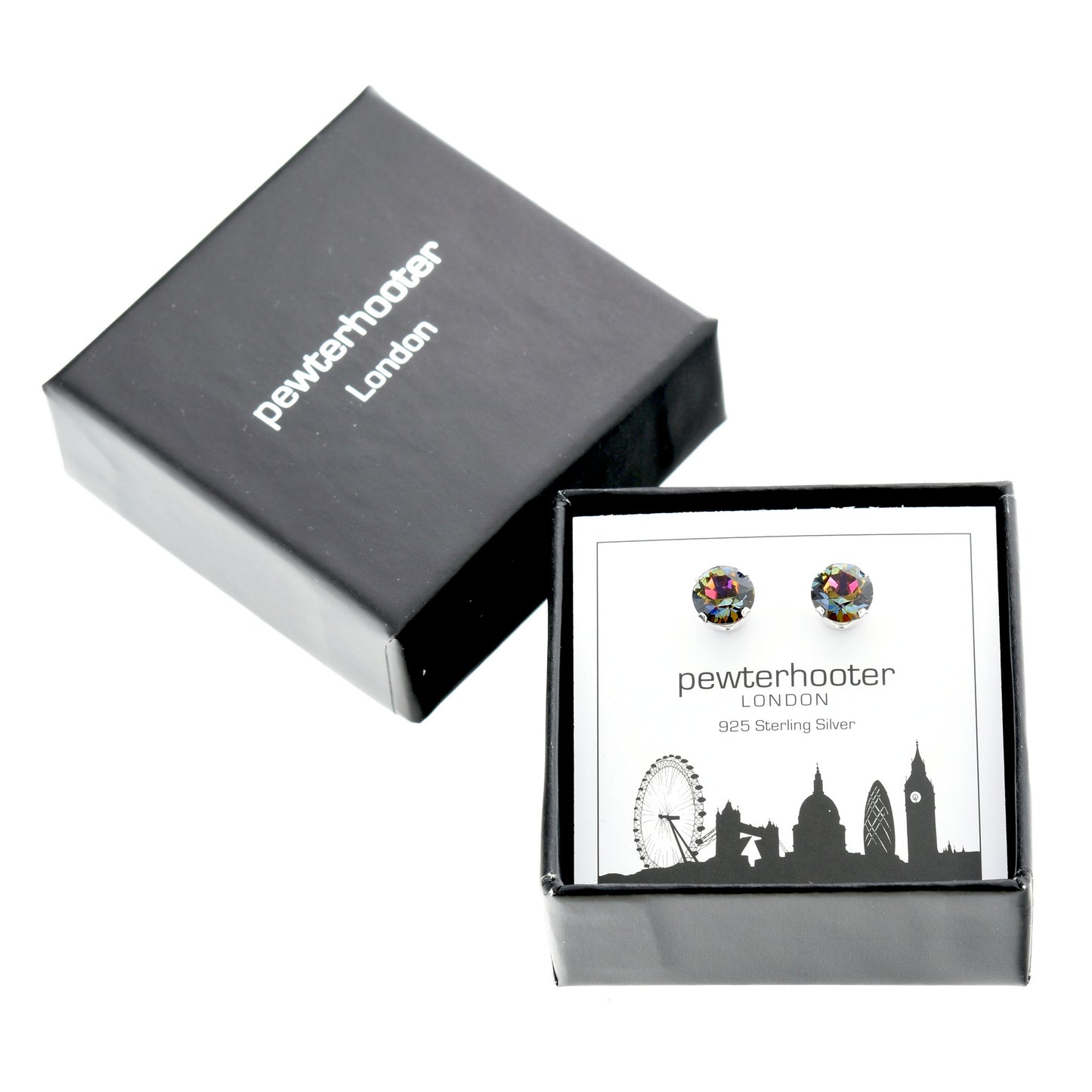 pewterhooter® Women's Classic Collection 925 Sterling silver earrings with sparkling Volcano crystals, packaged in a gift box for any occasion.