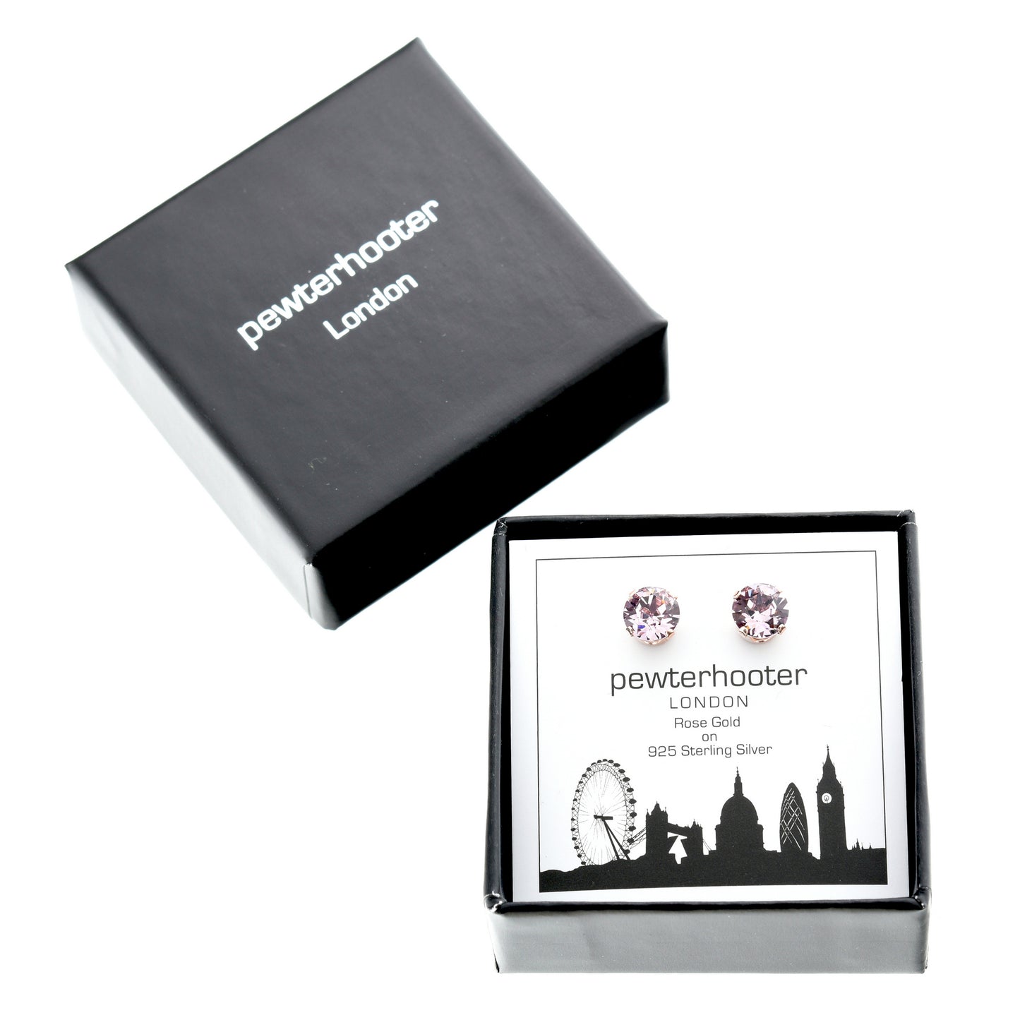 pewterhooter® Women's Classic Collection 925 Sterling silver earrings with sparkling Light Amethyst crystals, packaged in a gift box for any occasion.